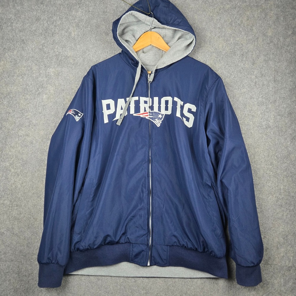 New England Patriots Jacket Mens XL Blue Reversible Hooded Windbreaker AFC NFL
